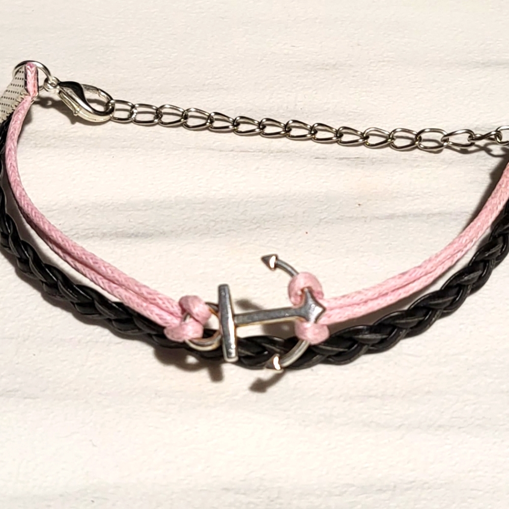 Cute Anchor Pink and Leather Charm bracelet//sailing//cruising - Picture 2 of 3